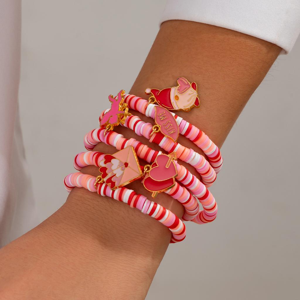 Salircon 5pcs/set Trendy Peach Heart Lips Charm Bracelet for Women Romantic Pink Red Soft Ceramic Bracelet Valentine's Day Gift