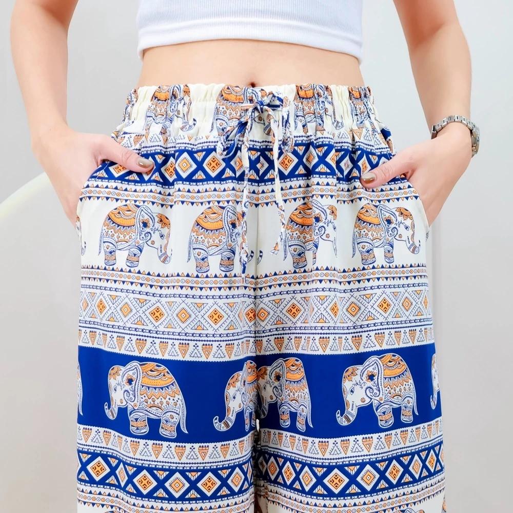 Long Elephant Pants Adjustable Elastic High Waistband Rope Women Men Unisex Print Thailand Casual Streetwear Beach Bohemian Retro Vintage