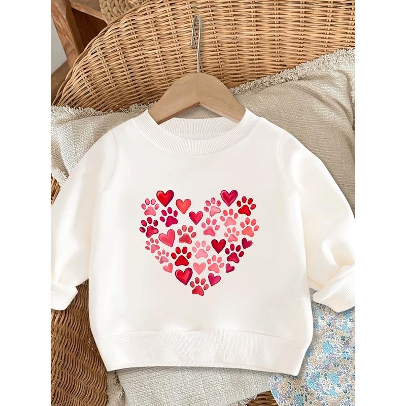 European Sizes Cute Heart Paw Print Pattern Kids' Spring Round Neck Sweatshirt 0-3 Years Comfortable Thin Design Suitable for Outdoor Wear