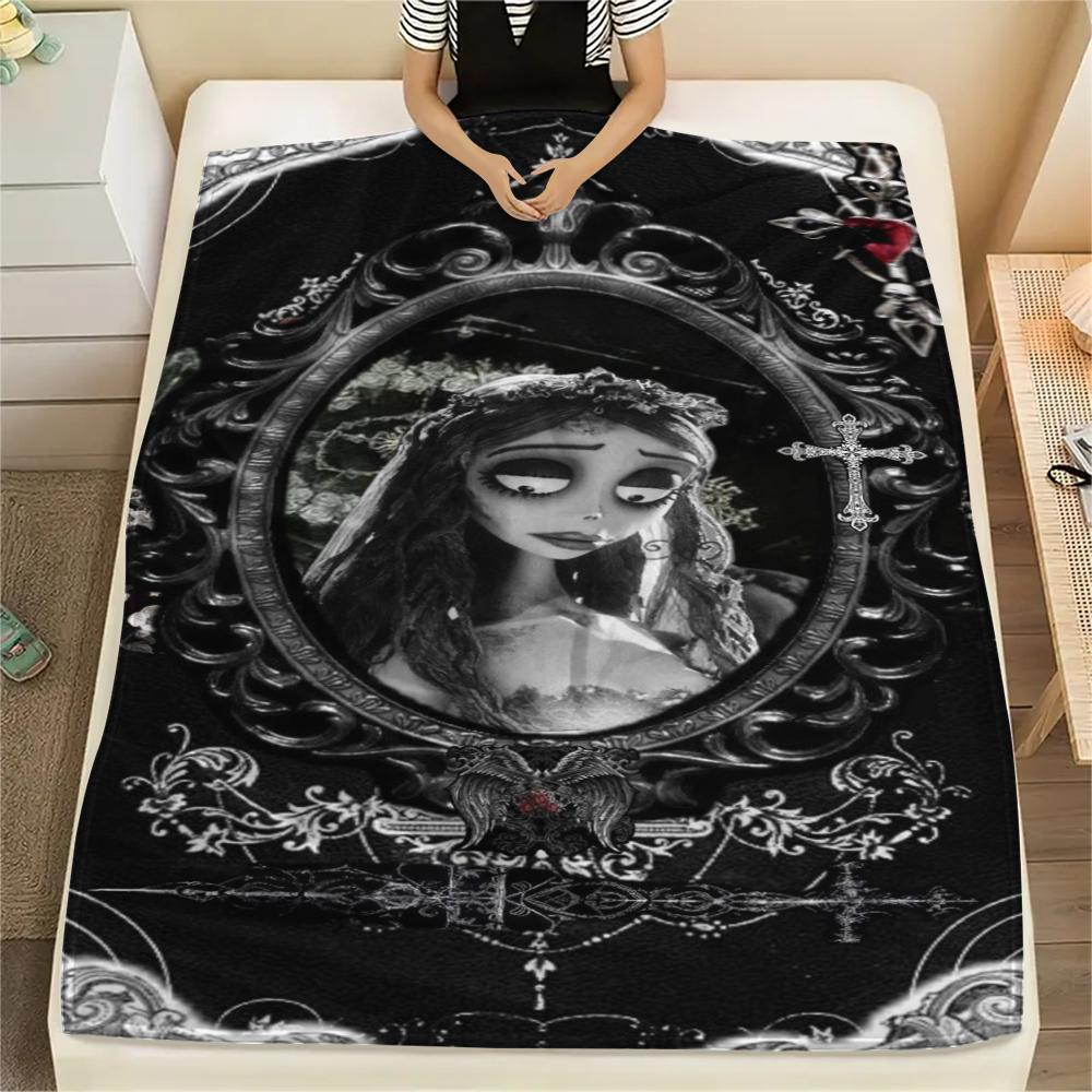1Pc Corpse Bride Cartoon Print Flannel Blanket, High Quality Comfortable for All Seasons, Home Decor, Warmth and Comfort, Perfect for Gifts