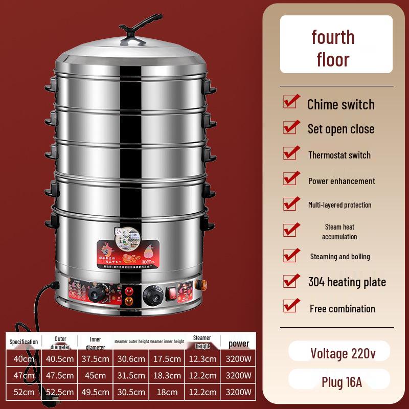 Multi-Layer Stainless Steel Electric Steamer for Household Use - Large Capacity with Steaming Rack for Buns