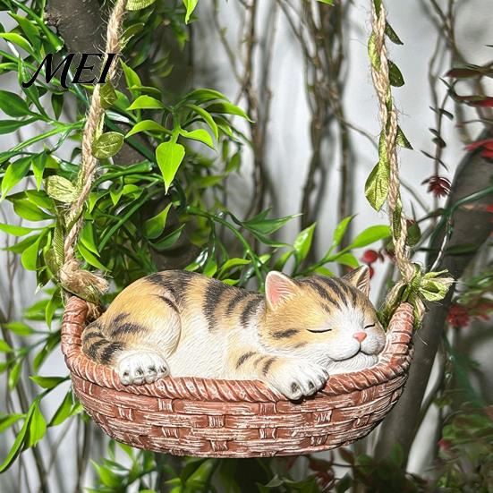 Decorative Vine Rope Cat Craft Hanging Basket Statue, Cute Sleeping Kitten Figurine, Outdoor Resin Ornament for Garden Patio Porch Decoration