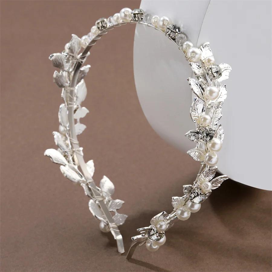 Fashionable crystal pearl alloy leaf headband for women romantic wedding elegant bride wedding photography hair accessories