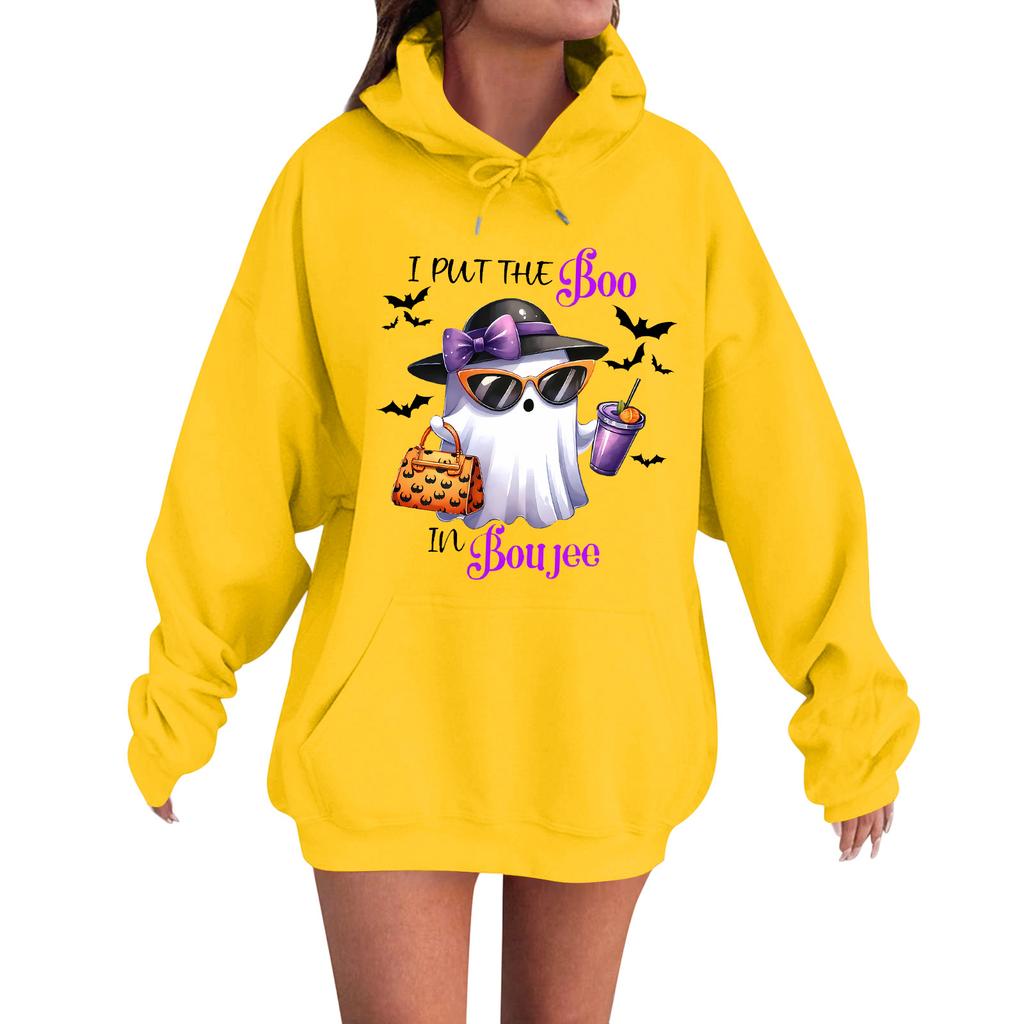Women's Casual Fashion Comfortable Round Neck With Hood Long Sleeve Halloween Print Warm Sweatshirt