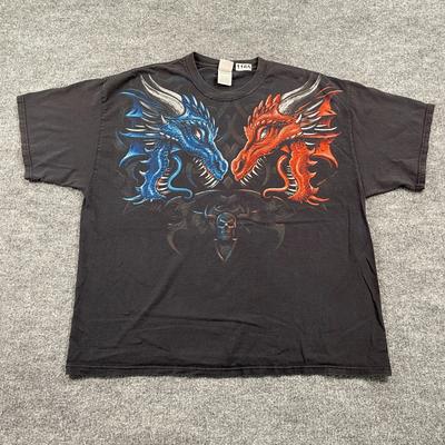 Vintage Y2K Fire Water Double Dragon Skull Shirt XL/2XL 24x28 Black