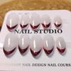 100% Handmade Short Almond Shape Aurora Transparent and Red French Tip Fake Nail Set With Glue & Box Simple Artificial Nails Fake Nails Reusable