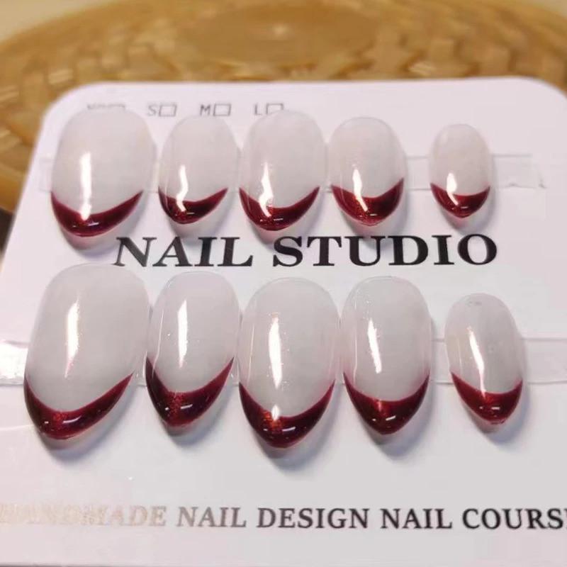 100% Handmade Short Almond Shape Aurora Transparent and Red French Tip Fake Nail Set With Glue & Box Simple Artificial Nails Fake Nails Reusable