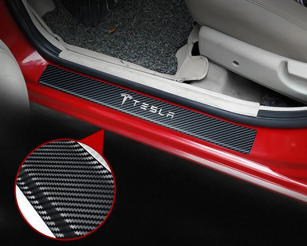 Car Sticker Tesla 4Pcs Car Styling Carbon Fiber Vinyl Door Sills Guard Sticker for Tesla Model 3 Model S X Roadster SpaceX Cyber