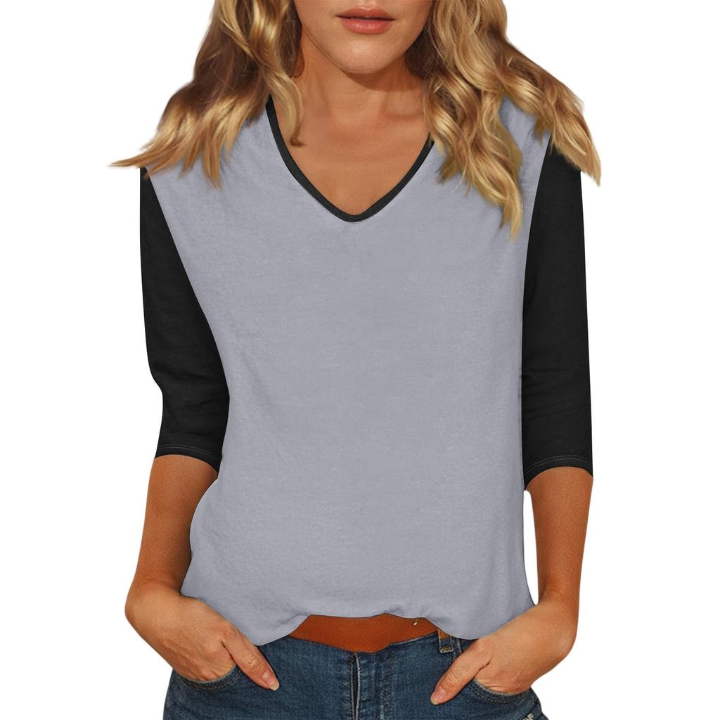 Women's Casual Fashion Sexy Comfortable V-neck Stitching Color Three-quarter Sleeve Top