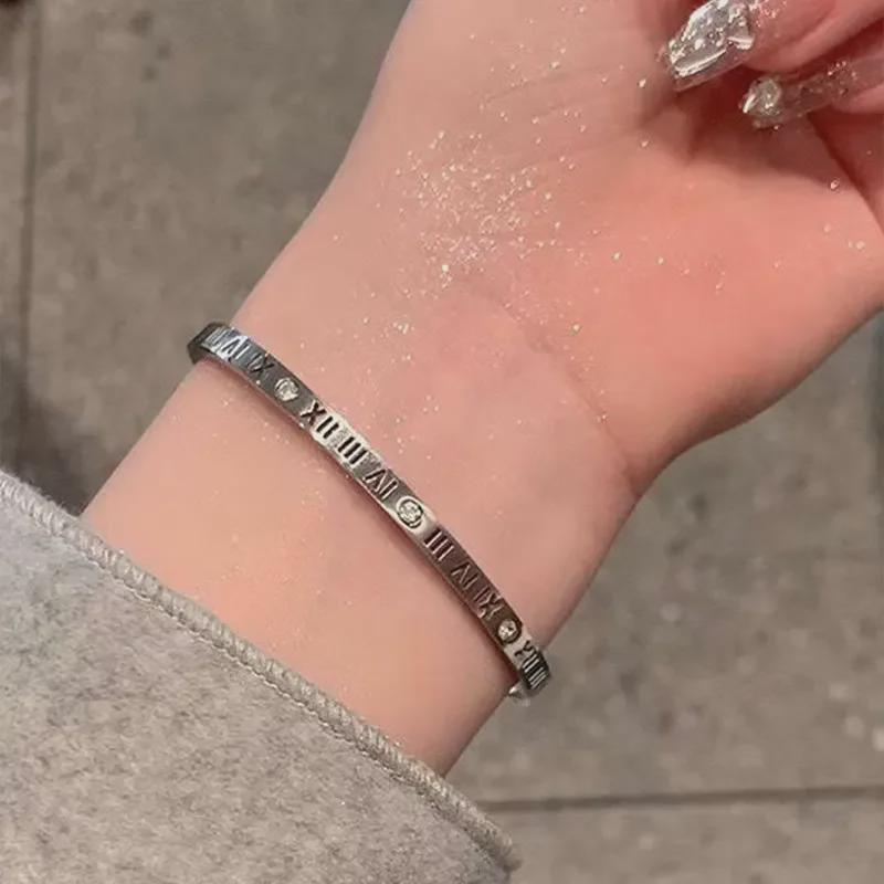 High-End Roman Jingle Titanium Steel Bracelet for Girls - Diamond-Studded, Non-Fading