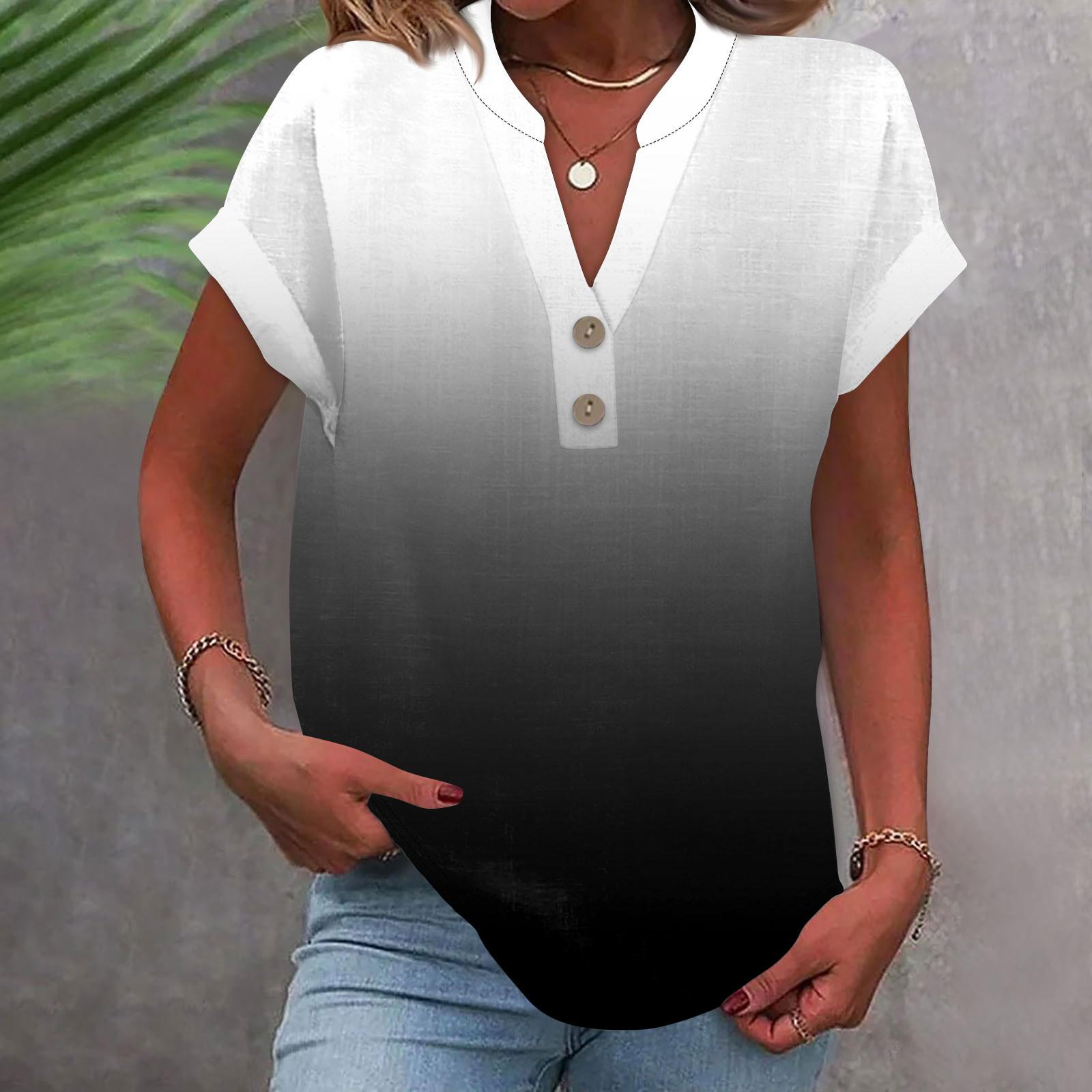 

Women s Fashion Casual Printed V-Neck Short Sleeve Button Down Shirt T-Shirt Top L білий