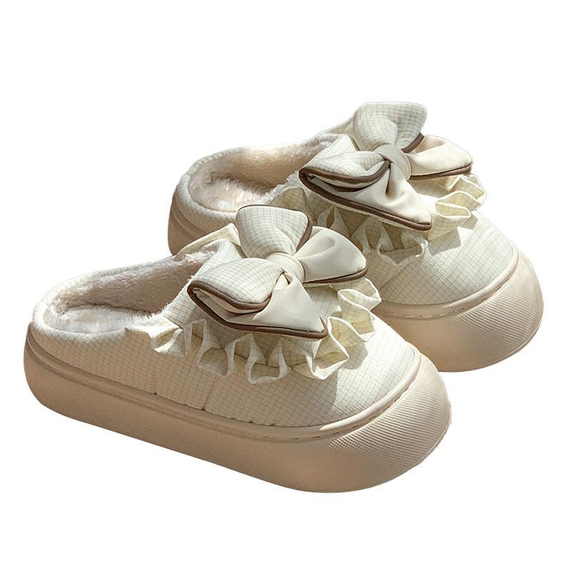 Winter New Bow Cotton Slippers Fashionable Plaid Velvet Warm Thick-soled Heightening Shoes Non-slip Cotton Shoes