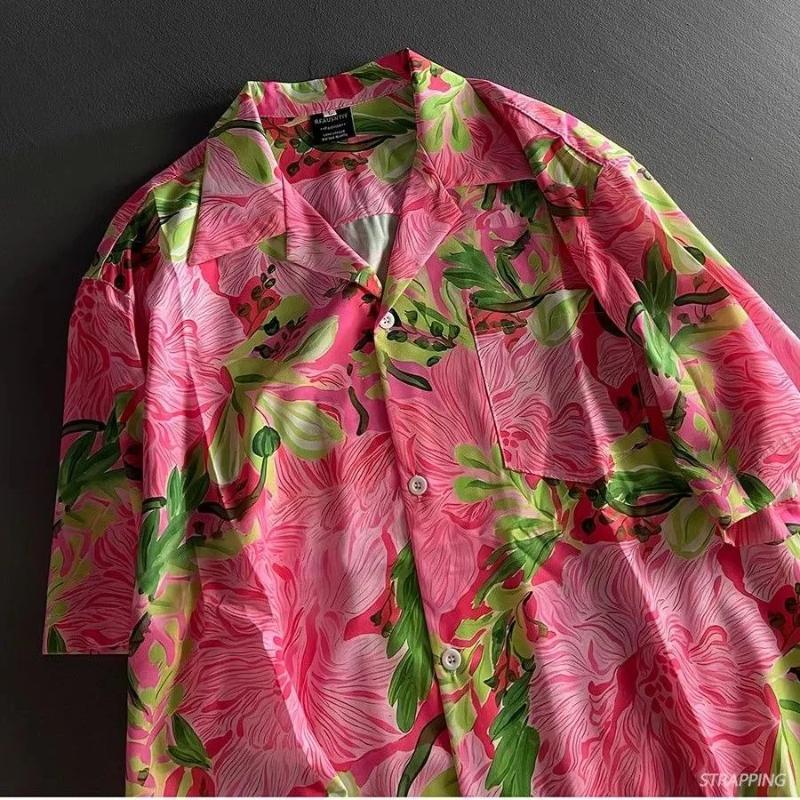Men Summer Floral Print Short Sleeve Shirt M розовый
