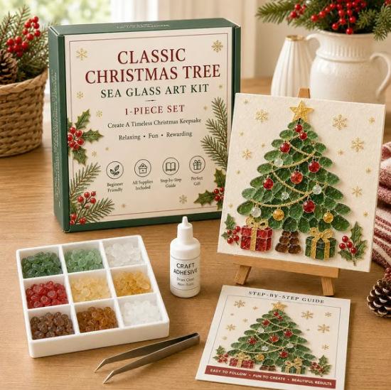 Christmas Sea Glass Mosaic Art Kit, Elegant Collectible Holiday Ornament
