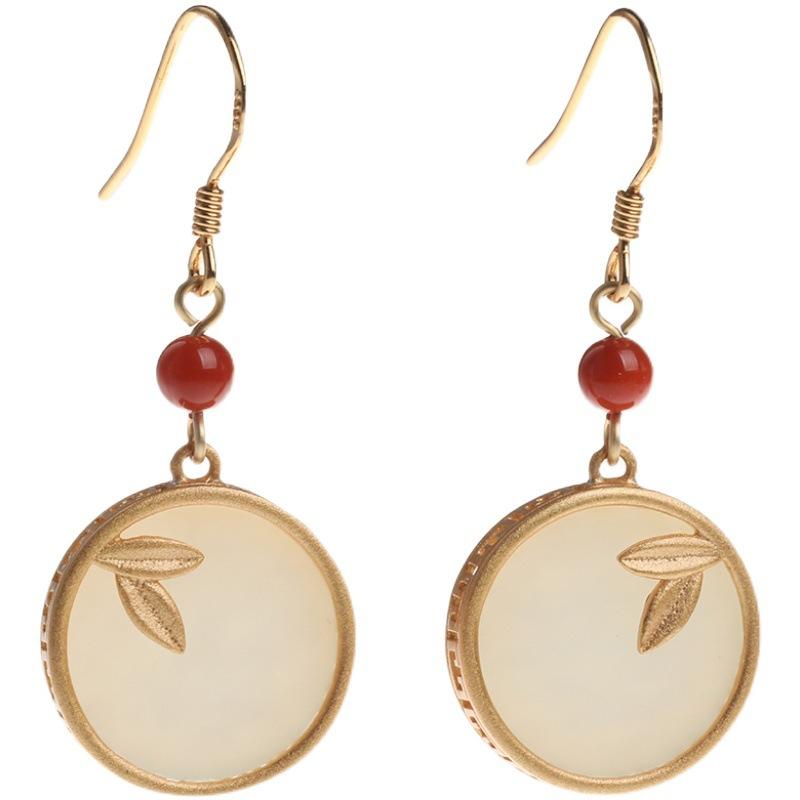 Hetian Jade Ear Hook Earring Women's High-end Temperament Ethnic Retro Earrings Cloisonne Craft Dangler Gift