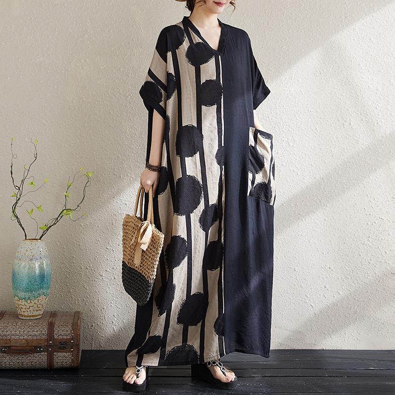 Summer Cotton and Linen V-neck Short Sleeved Long Dress