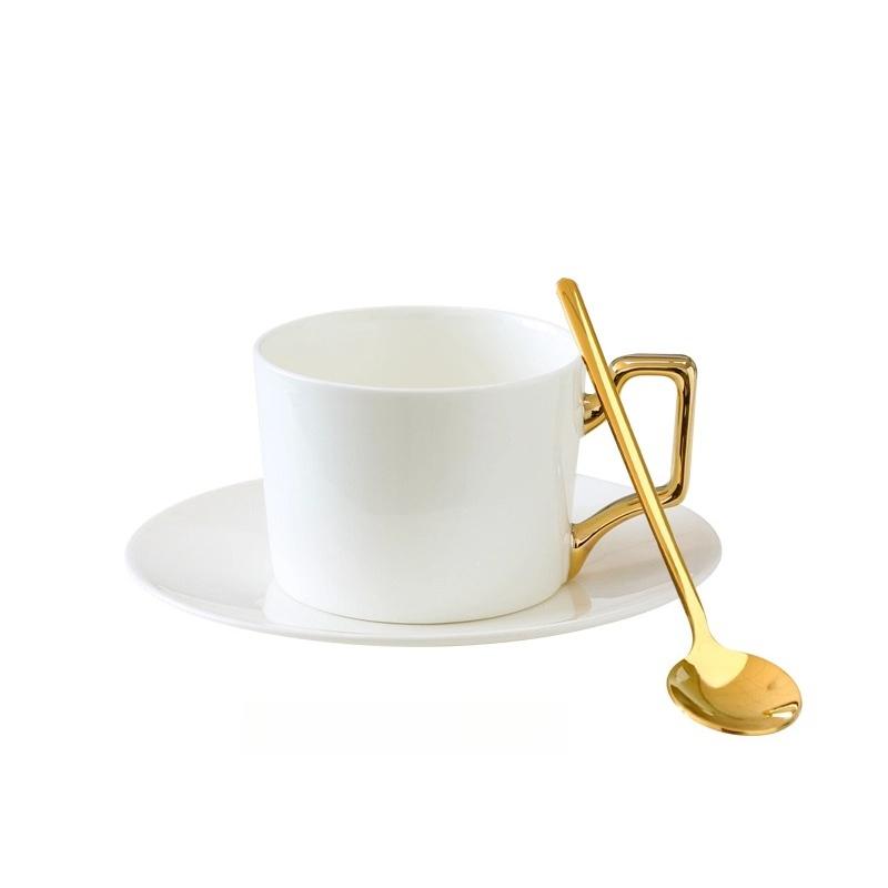 Sady kávových šálků a podšálků z jemného kostního porcelánu, 270 ml, krásně glazovaný šálek na čaj se zlatým lemem a uchem, keramické kávové šálky se zlatou lžičkou