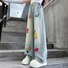 Girls Pants Children Casual Loose Jeans Love Mushroom Embroidery Little Girls Denim Wide-leg Pants Spring Autumn