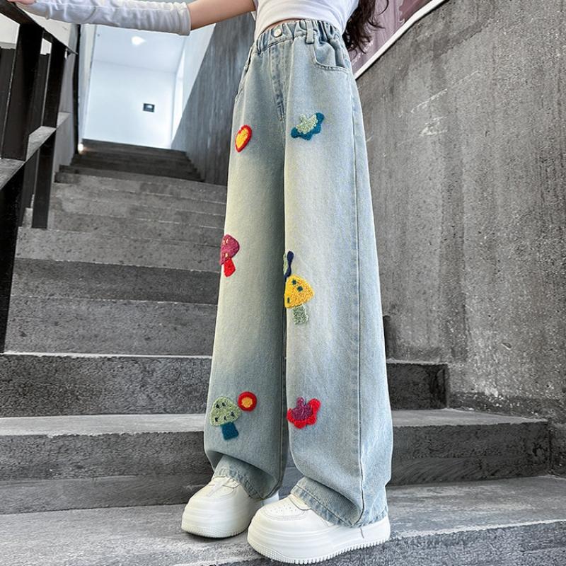 Girls Pants Children Casual Loose Jeans Love Mushroom Embroidery Little Girls Denim Wide-leg Pants Spring Autumn