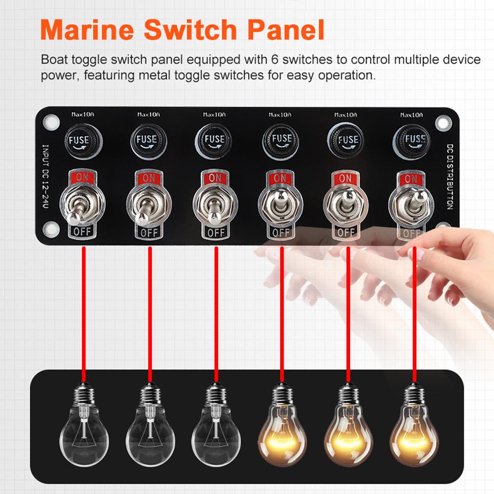 Marine Toggle Switch Panel 6 Gang Boat Electrical Panel Waterproof ON OFF Rocker Switch with 10A Fuses for 12 24V Car