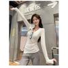 Women's French High-End V-Neck Cinched Waist Long-Sleeve Slim-Fit Base Layer Top for Autumn