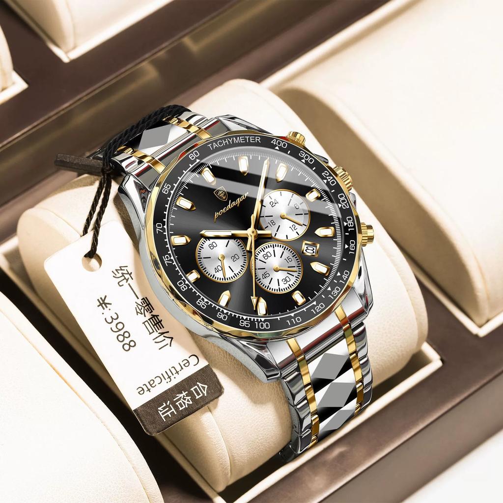 Trendy Technology Multi-function Steel Band Men's Watch Luminous Quartz Watch for Christmas and Halloween Gifts