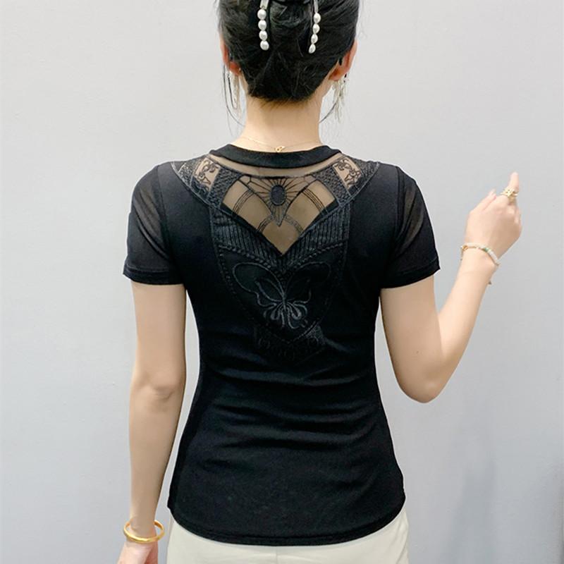 Summer New Cross V-neck Shiny Hot Diamonds T-shirt For Women Slim Short Sleeve Tees Lady Fashion Casual Elastic Mesh Tops