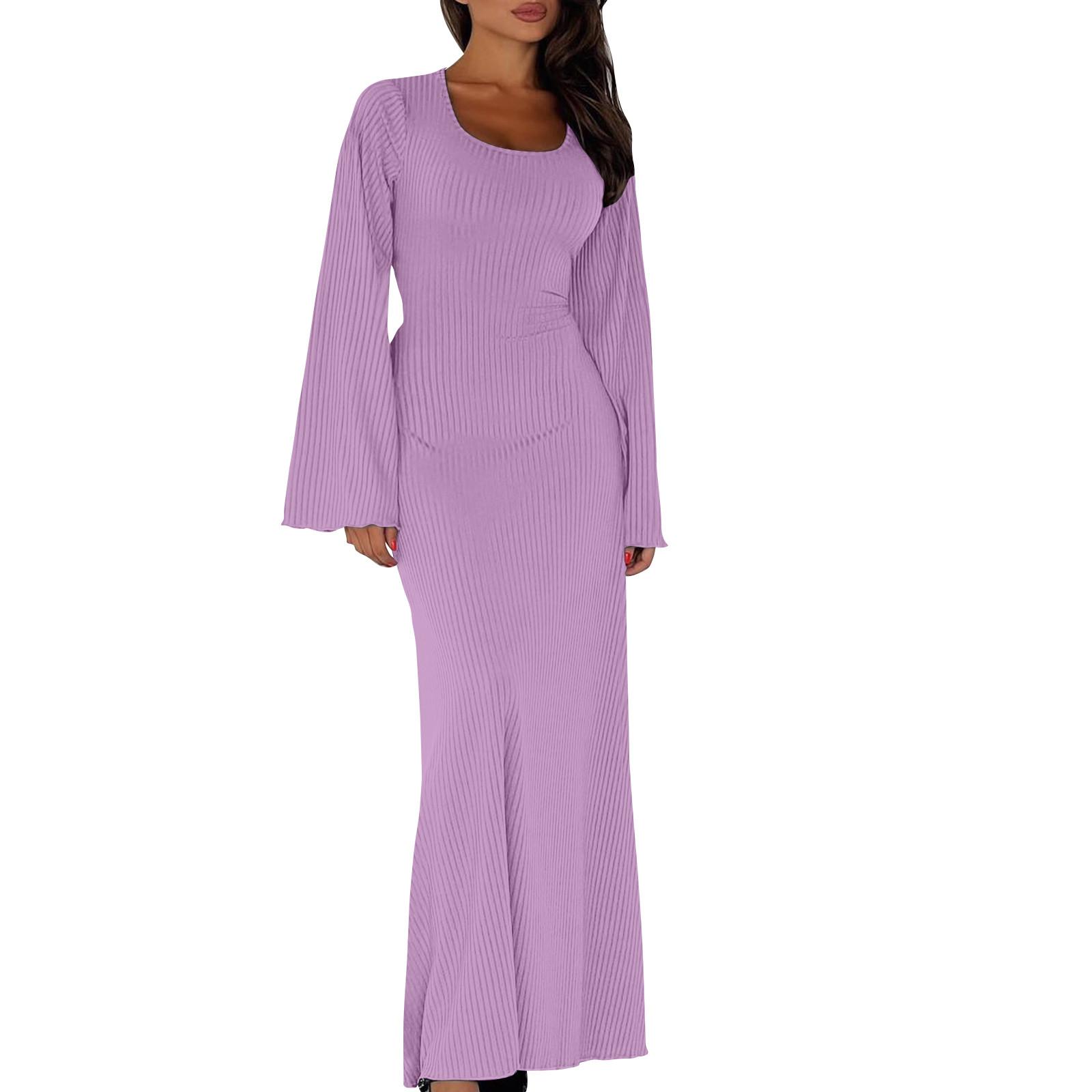 

Женское элегантное трикотажное платье с завязкой на талии, платье макси с роговыми рукавами для женщин, однотонное длинное платье с U-образным вырезом, облегающее осеннее платье в рубчик XL фиолетовый