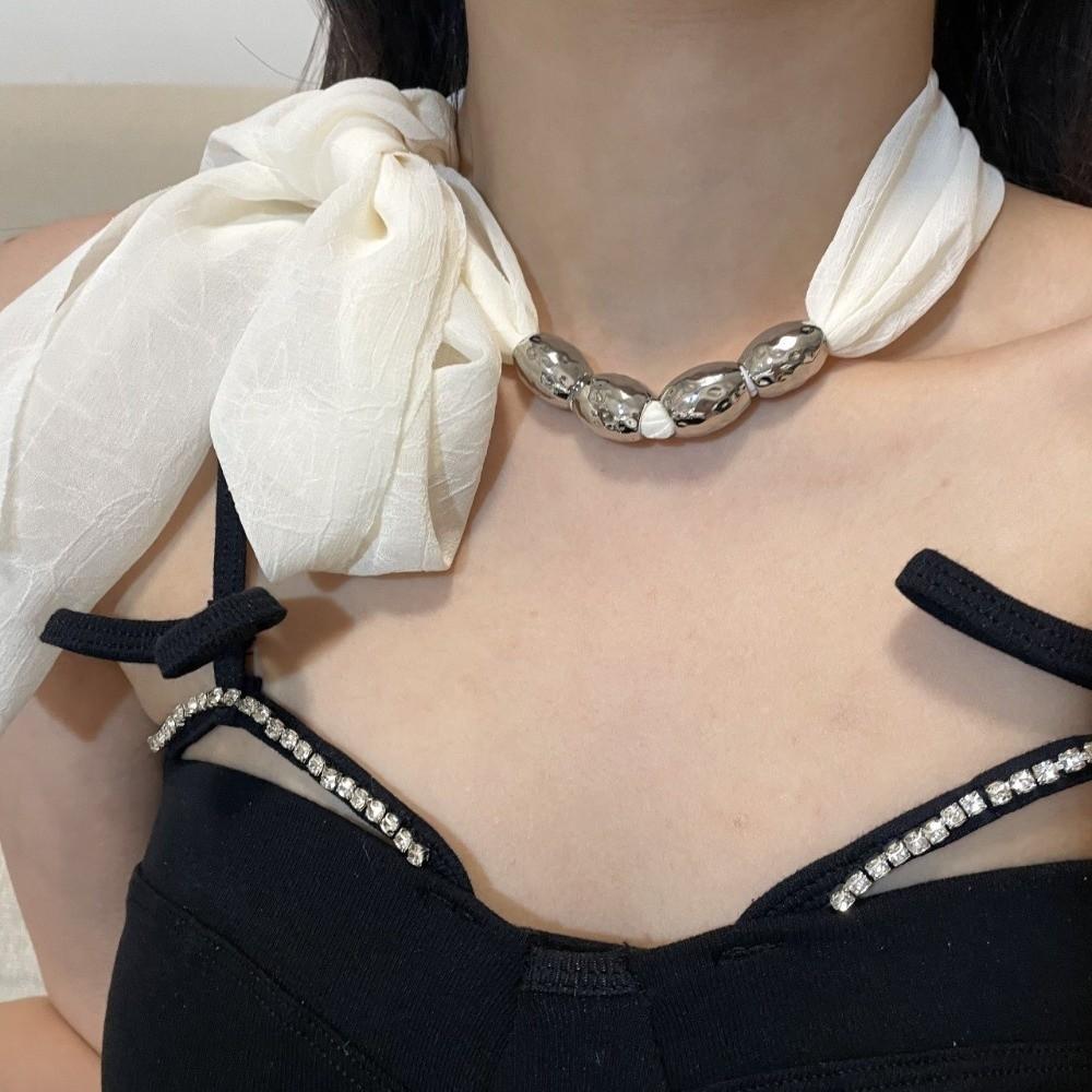 Personality Lace-up Collarbone Chain Elegant Ribbon Choker Beaded Silk Scarf Necklace  Decoration