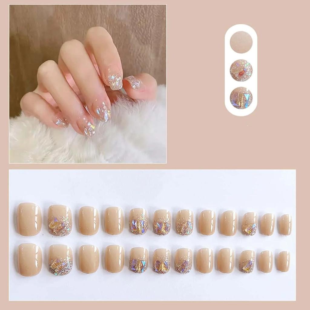 24pcs Glossy Short Ballet Fake Nails,Press On Nails With Golden Glitter Star Design, Shining False Nails For Women Girls Daily W