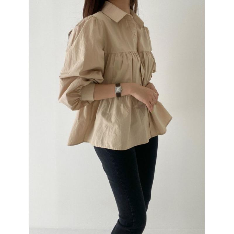 Casual Puff Sleeve Pleated White Shirts for Women Fashion Patchwork Simple Single Breasted Loose Blouses Tops Women Solid Lapel Vintage Blouse 26288