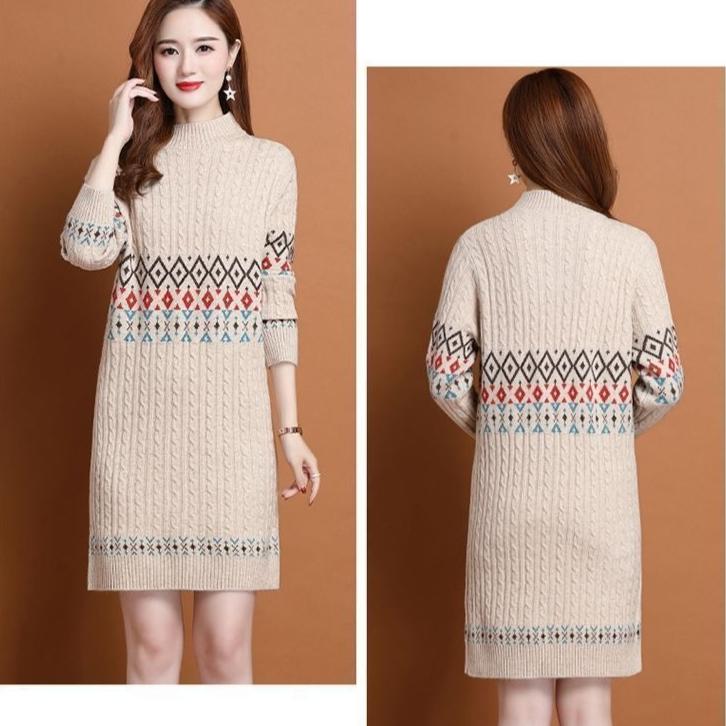 Slim Sweater Dress for Women In Winter Thickened and Warm Half Turtleneck Pullover Solid Color Casual Mid-length Knitted Sweater