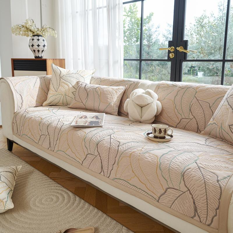 1PC Luxury Pure Cotton Sofa Seat Cover Breathable All Season Universal Couch Seat Pad Leaves Jacquard Non-slip Sofa Towel 