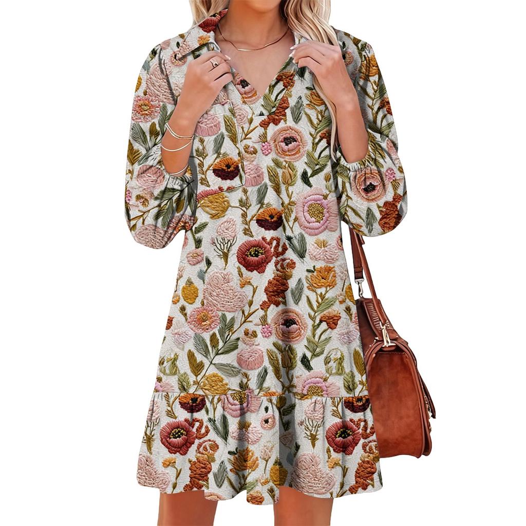 Women's Fashion Elegant Autmn And Winter Long Sleeve V,Neck Christmas Print Dress