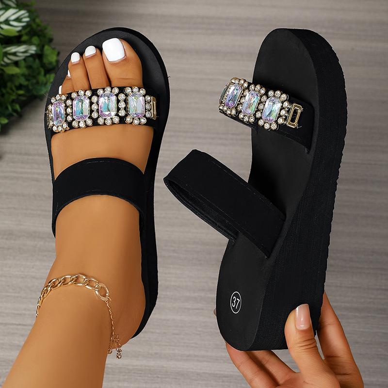 Fashion Shiny Rhinestone Wedge Sandals for Women Summer Fashion Black Platform Slippers Woman Plus Size Thick Sole Non Slip Beach Slides