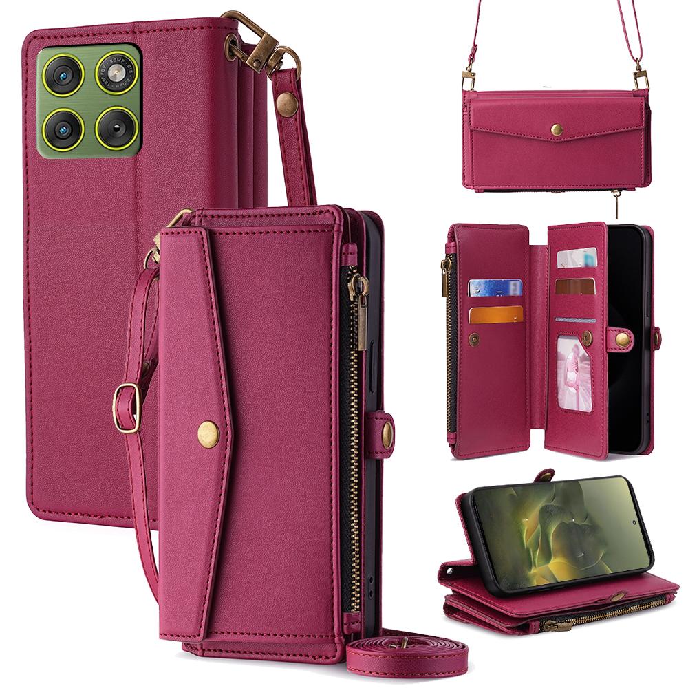 Pro Motorola Edge 70 5G Pouzdro s přihrádkami na karty Peněženka na zip Kryt telefonu z PU kůže s ramenním popruhem