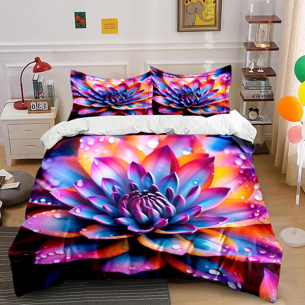 3Pcs Colorful Lotus Bedding Set Vibrant Rainbow Flower with Water Drops Print Duvet Cover + 2 Pillowcases for Bedroom Decor