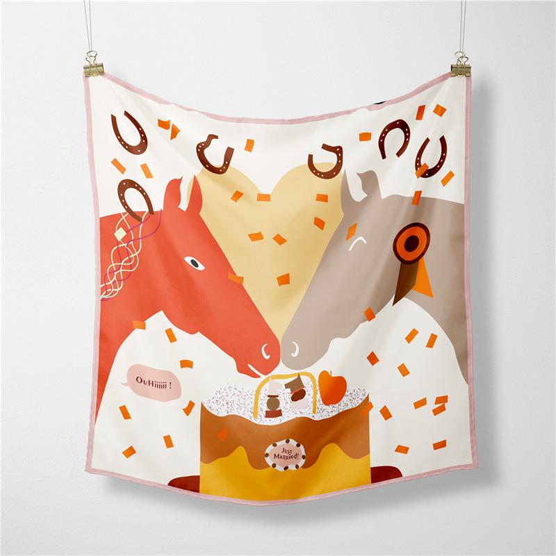 Twill Silk Scarf Woman Wheel Painting Square Scarves Wraps Bandana Small Hijab Silk Foulards Tie Headband Neckerchief 53CM