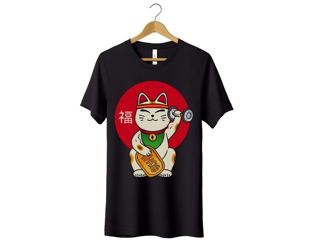 Maneki Neko Gym Cat T-Shirt, Fitness Cat Design, Lucky Cat Print
