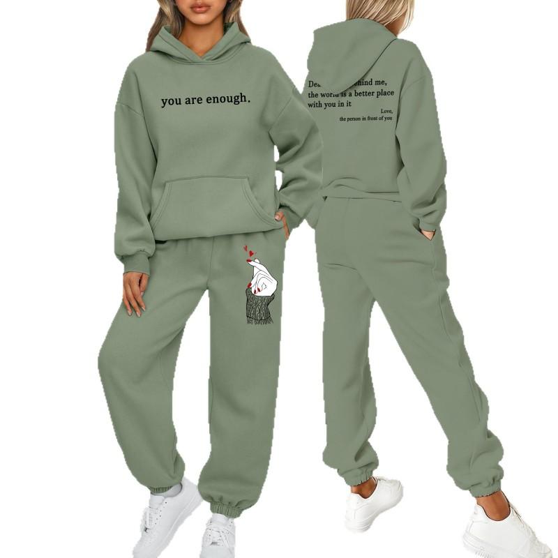 Womens Printed Letter Hooded Sweatshirt Jogger Pants Set Winter Casual Sportswear Outfit