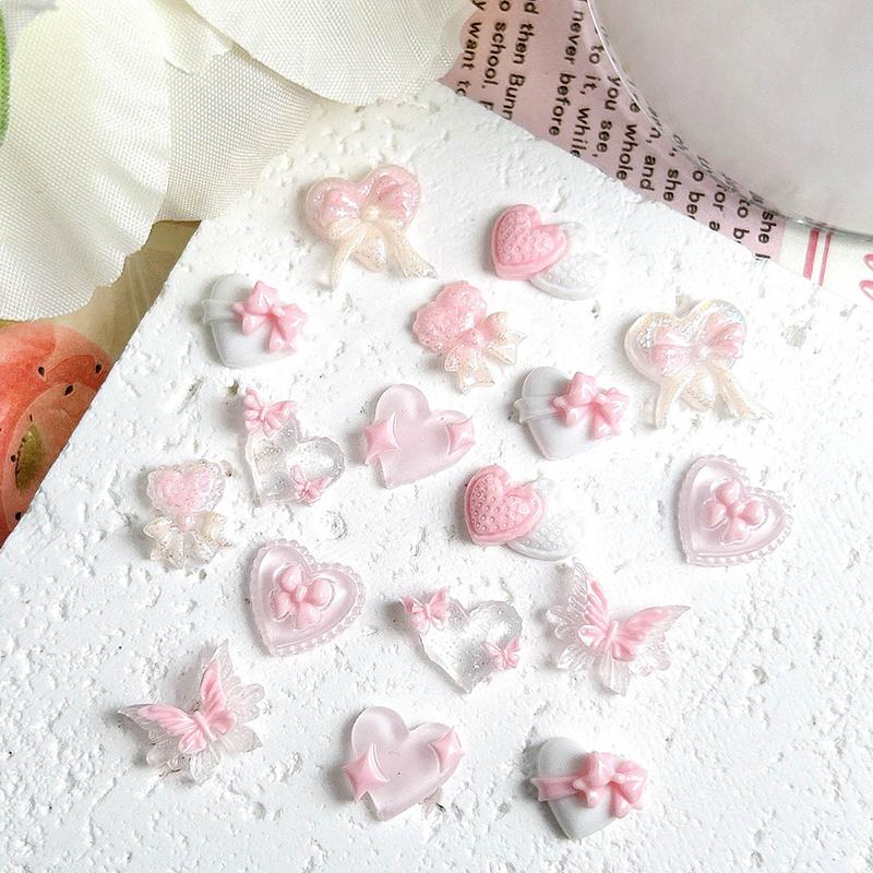 50Pcs Pink Series Bow Heart Resin Nail Charms 3D Luminous Double Butterfly Peach Heart Sweet Wind Nail Art Decorations DIY Nails