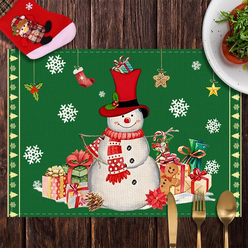 Christmas Snowman & Santa Claus Cotton Linen Placemats – Festive Table Heat Insulation Pads
