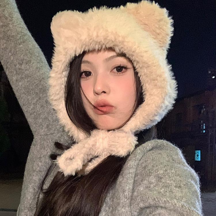 Plush Bear Hat Women's Winter Thickened Warm Knitted Hat Ear Protection Warm Wool Hat Windproof Cycling Lei Feng Hat