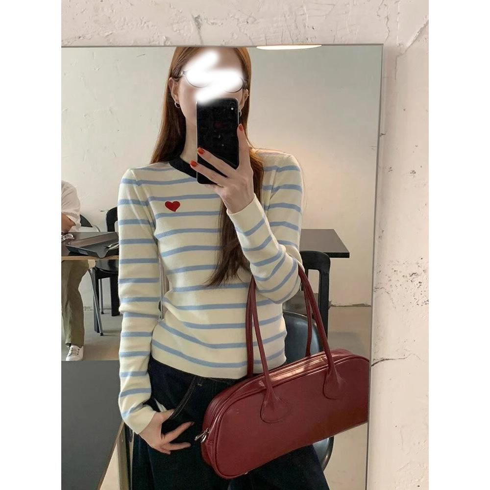 Love Embroidered Knitted Bottoming Shirt Women's Spring Contrasting Blue and White Striped Sweater Versatile Top