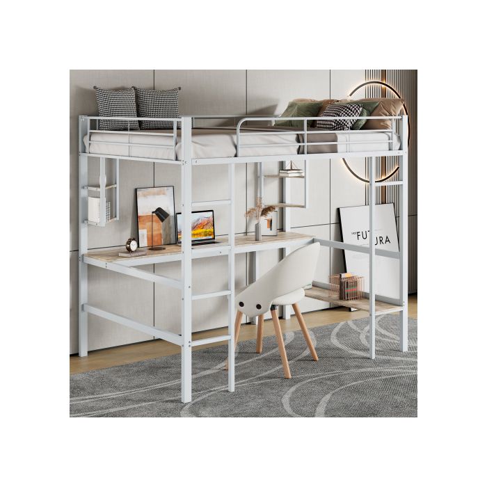 90x200cm Cadre de lit Lit en métal, lit haut avec quatre petites étagères et une grande bibliothèque, blanc