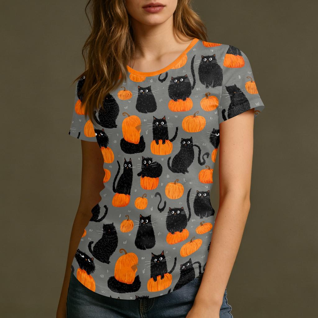 Women's Halloween Printed T-Shirt Short Sleeve Neck Loose Fit Pullover Top