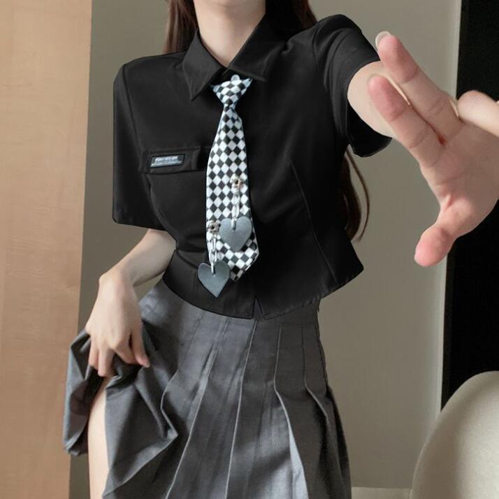 Summer New Year White Shirt Korean Version of The Casual Short Shirt Love Plaid Tie Blouse Female