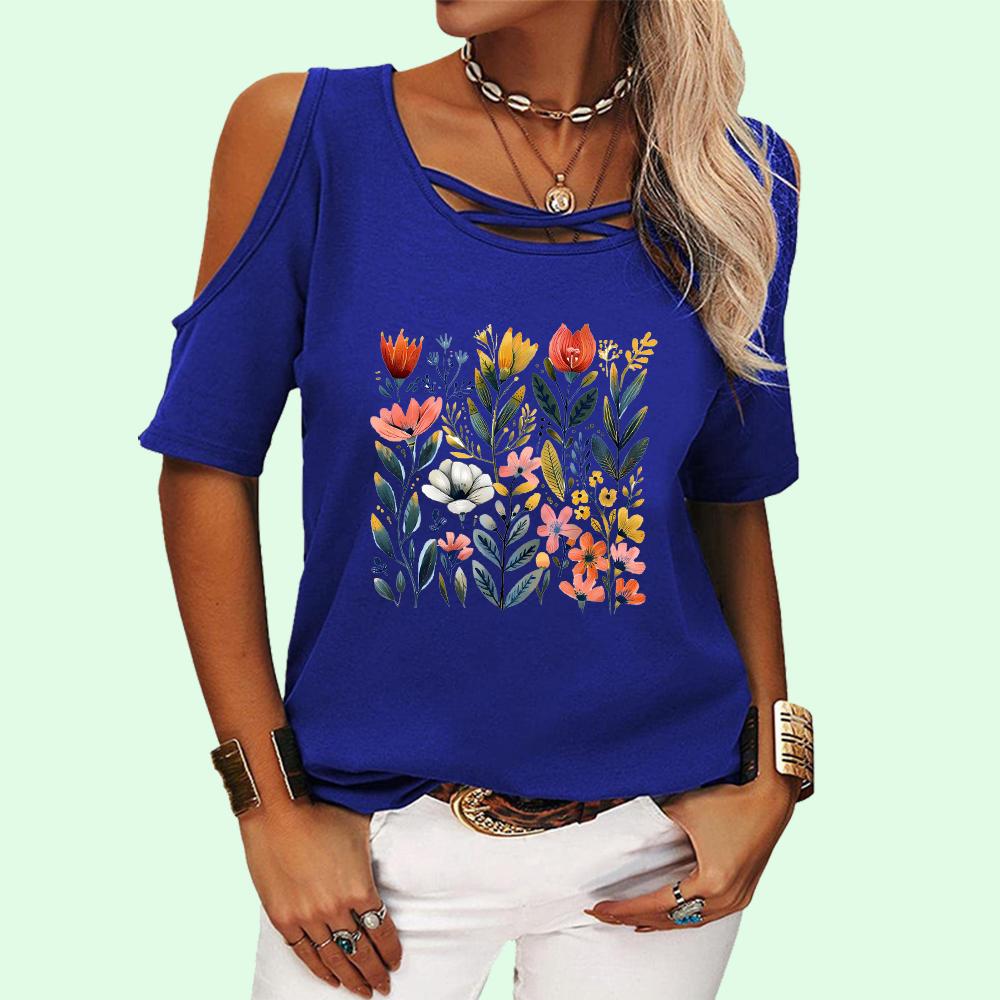 Women Fashion Round Collar Top Summer Off Shoulder Tee Shirt Casual Floral Print Short Sleeve T-shirt