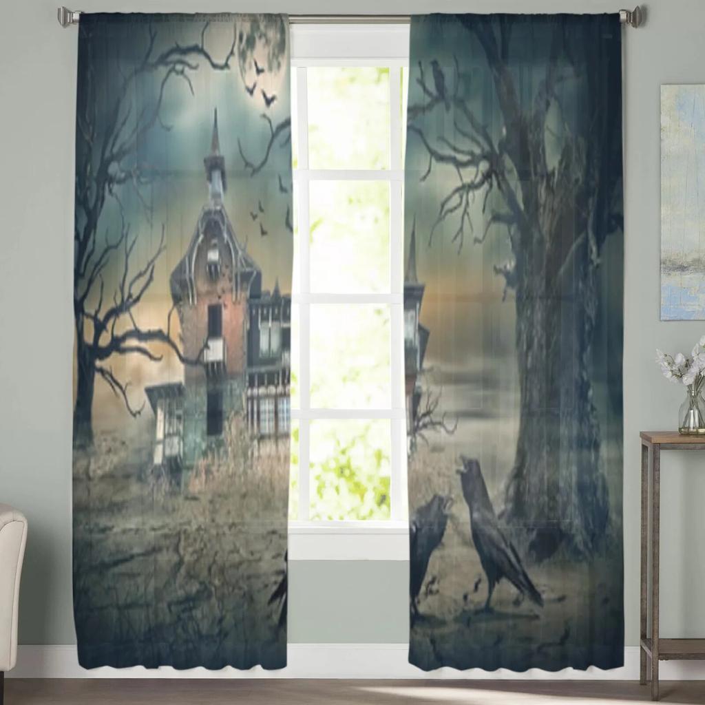 Haunted House Horror Sheer Window Curtains For Living Room Bedroom Modern Voile Tulle Curtains Fabric Drapes For Kitchen