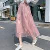 Qooth Polka Dot Midi Skirt Calf Length Tulle Skirt Embroidery Print with Paillette for Summer QT2108